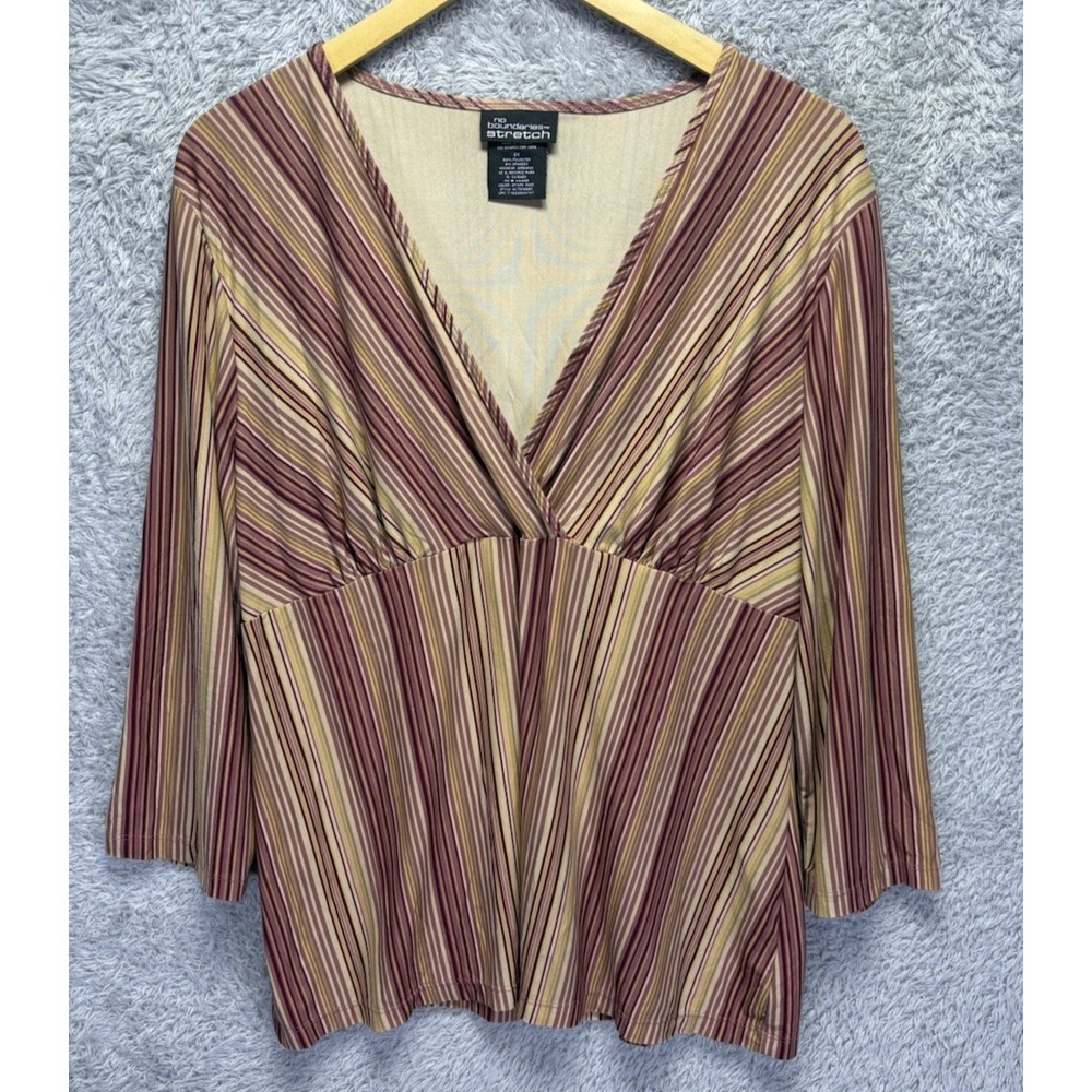 VTG No Boundaries Juniors 2X Striped Babydoll Top Y2K V Neck Coquette Stretch